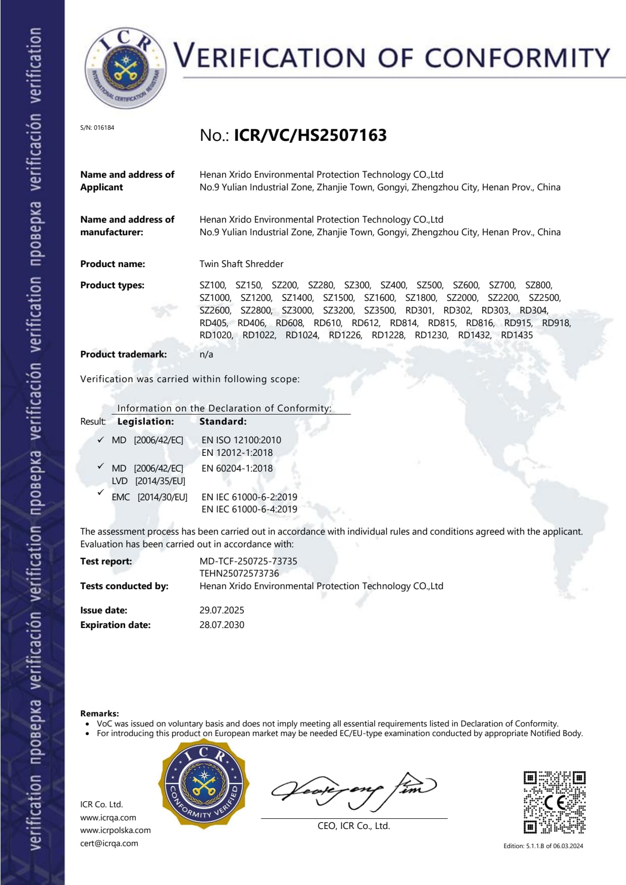 ICR verification of conformity ICR/VC/HS2507163 for the listed Xrido twin shaft shredder models