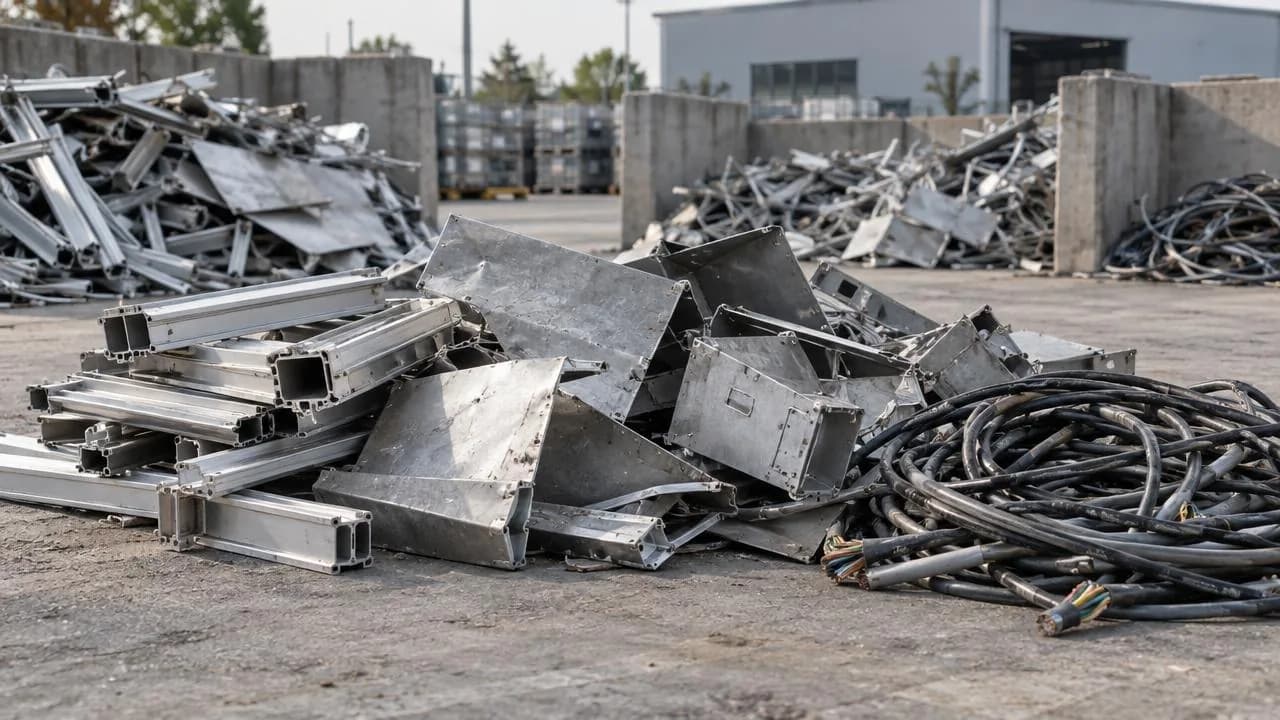 Illustration of aluminum profiles, thin metal housings and waste cables awaiting recovery