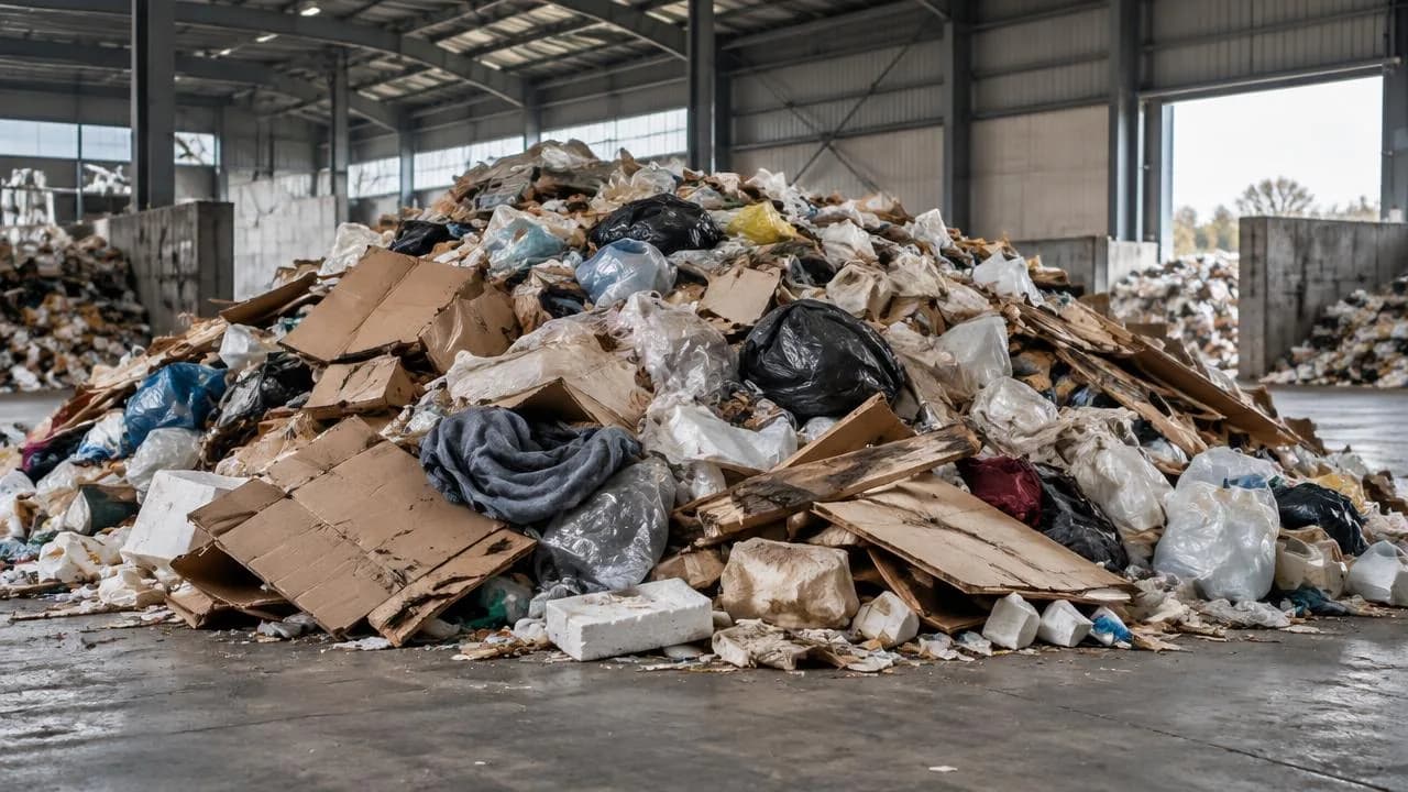 Illustration of mixed cardboard, plastic packaging, textiles and other waste awaiting sorting