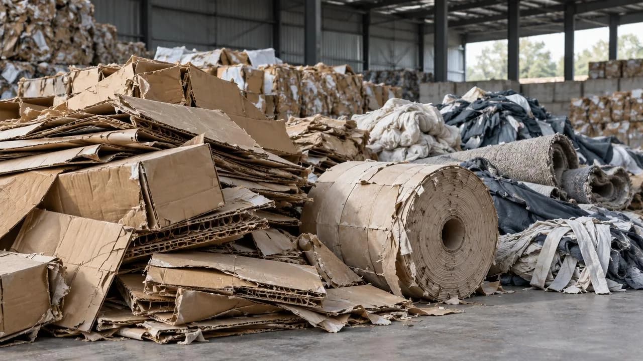Illustration of waste cardboard, a paper roll, textiles and carpet offcuts awaiting processing