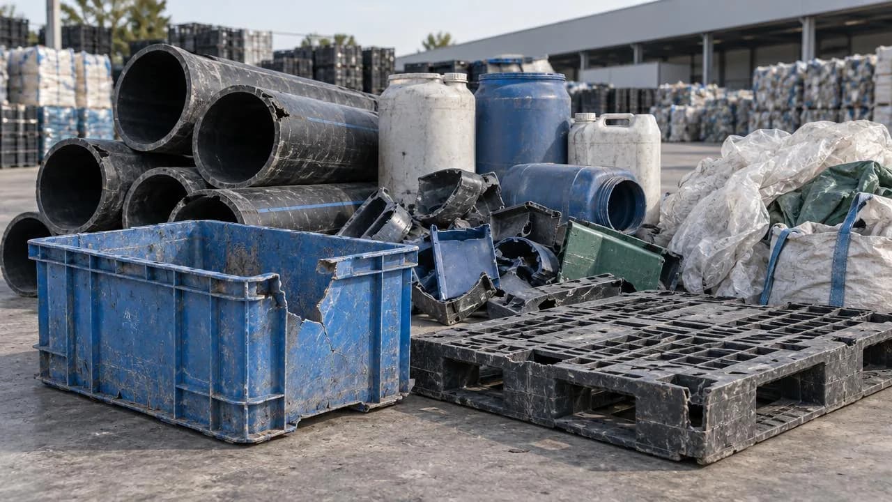 Illustration of discarded plastic pipes, containers, pallets and film awaiting recycling