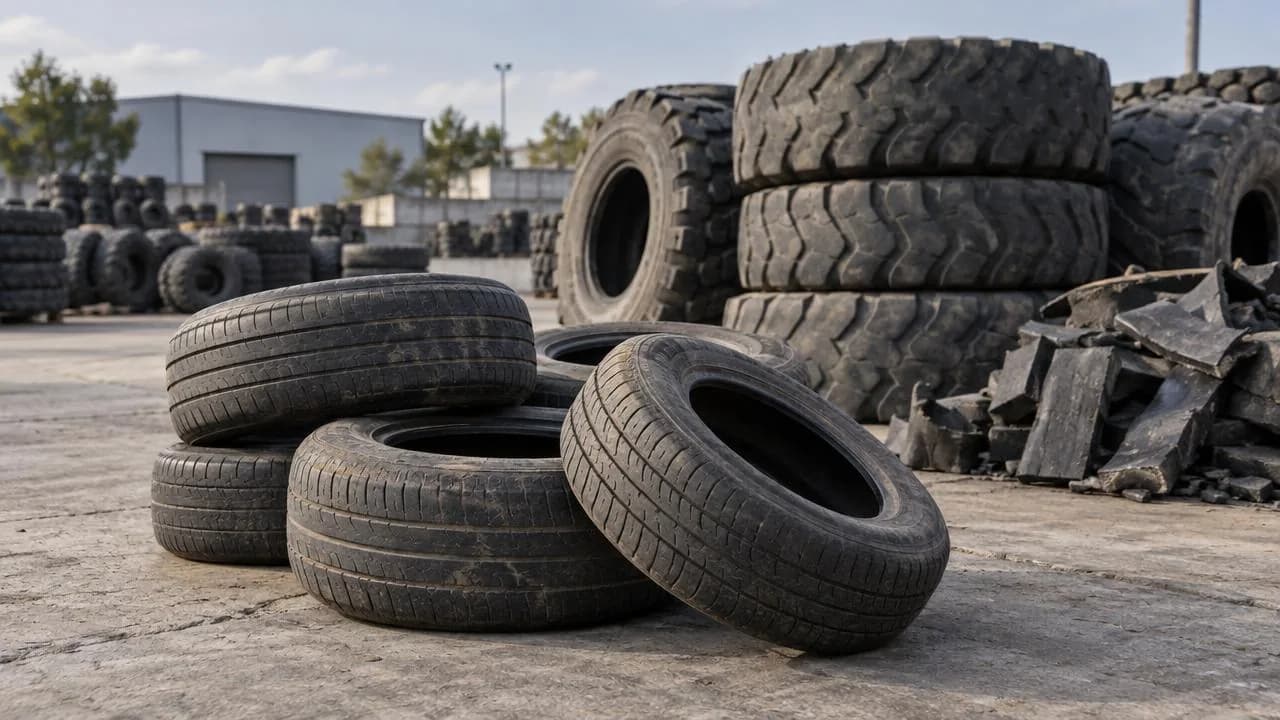 Illustration of used vehicle tires and rubber offcuts at a tire recycling facility